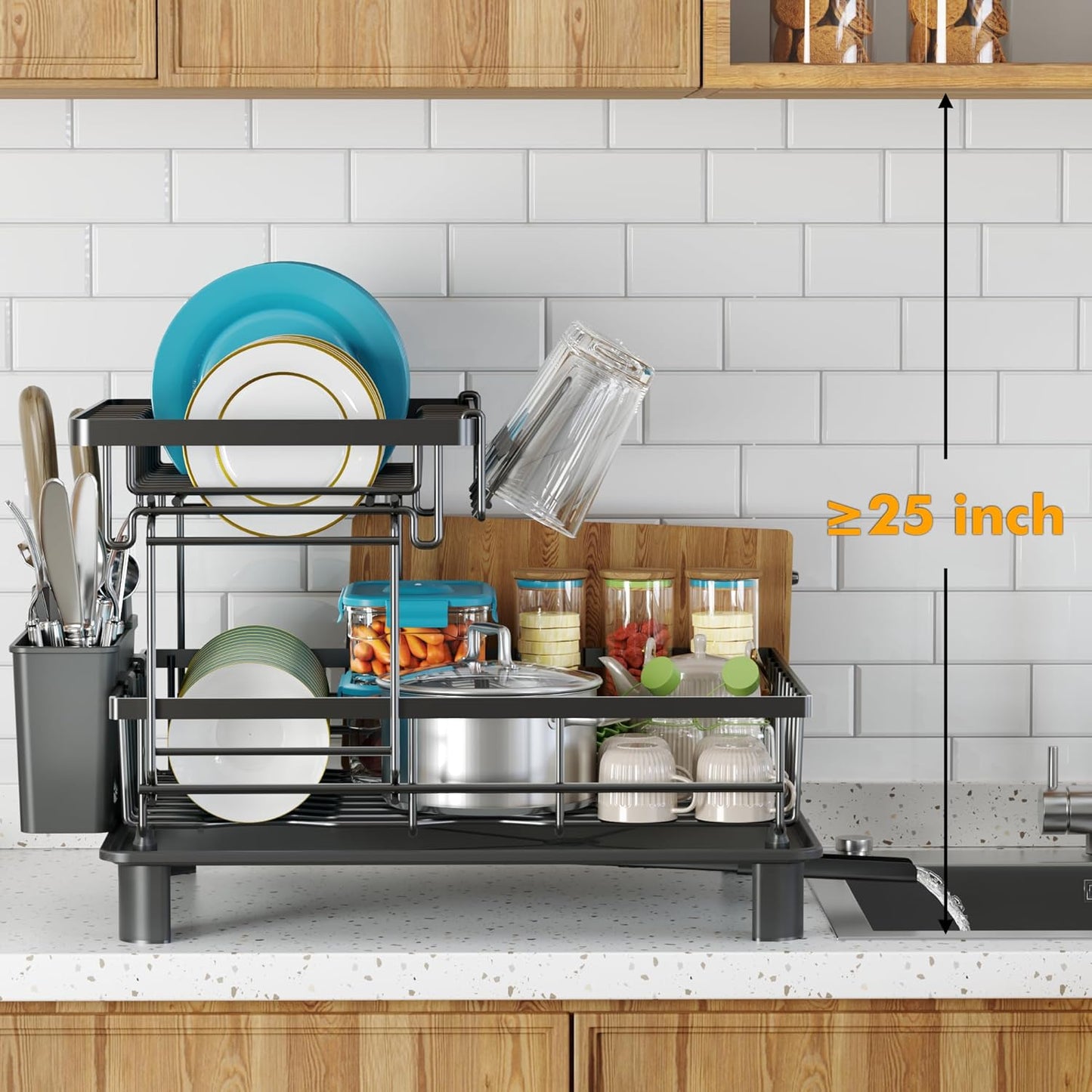 2-Tier Vertical Dish Rack with Auto-Drain & Utensil Holder — No More Clutter