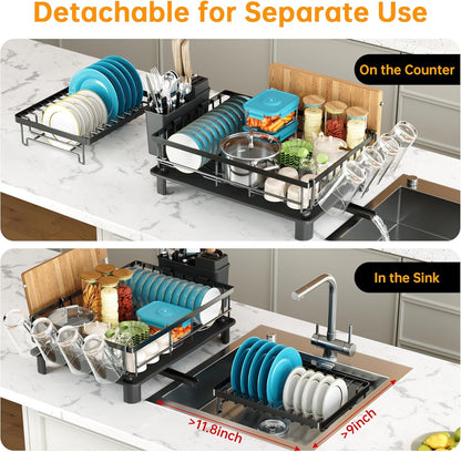 2-Tier Vertical Dish Rack with Auto-Drain & Utensil Holder — No More Clutter