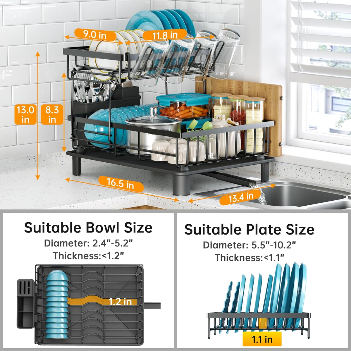 2-Tier Vertical Dish Rack with Auto-Drain & Utensil Holder — No More Clutter