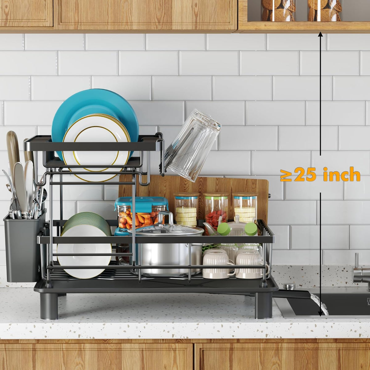 2-Tier Vertical Dish Rack with Auto-Drain & Utensil Holder — No More Clutter
