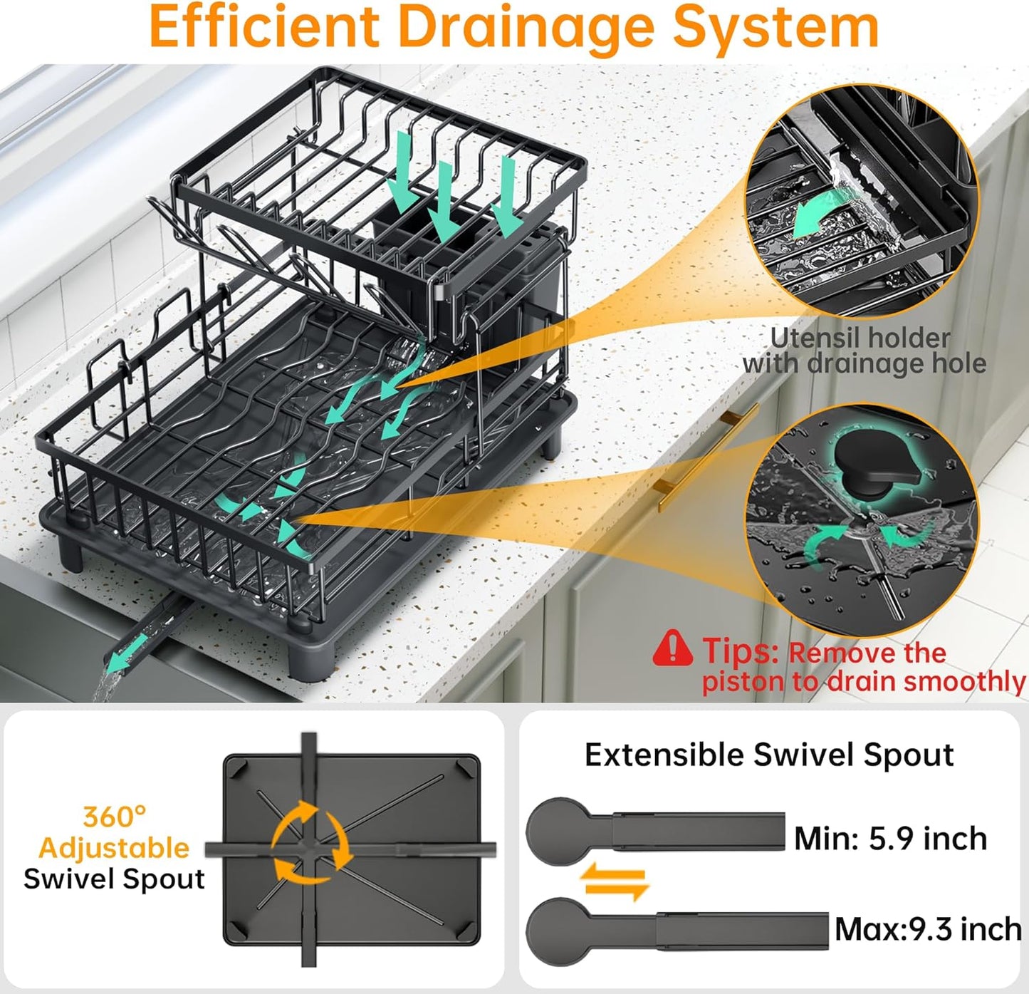2-Tier Vertical Dish Rack with Auto-Drain & Utensil Holder — No More Clutter