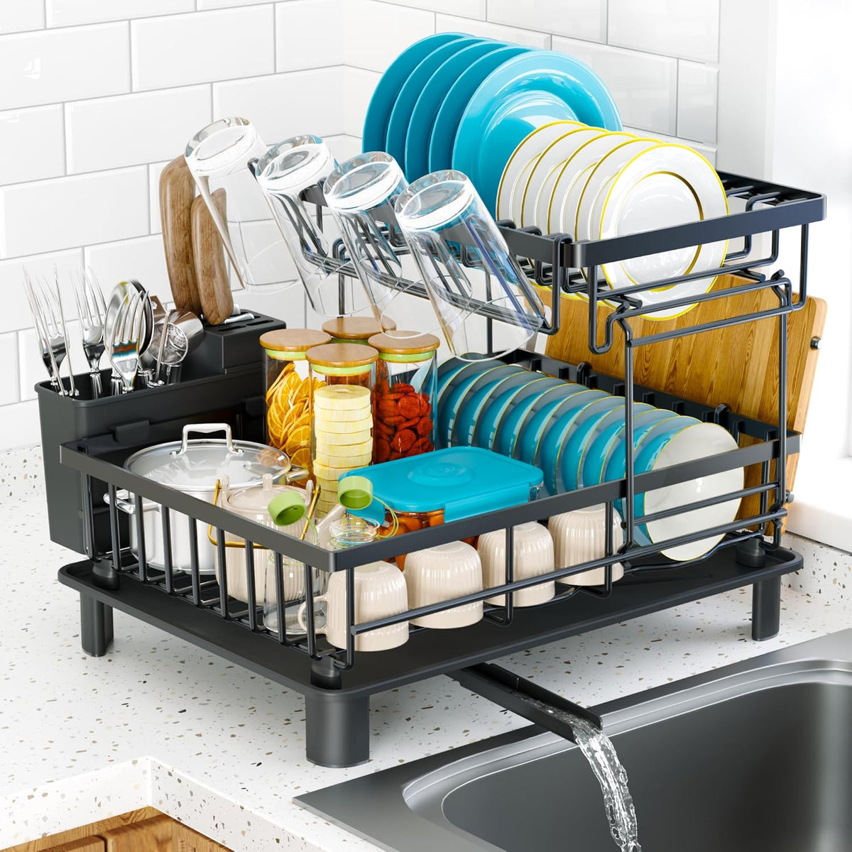 2-Tier Vertical Dish Rack with Auto-Drain & Utensil Holder — No More Clutter
