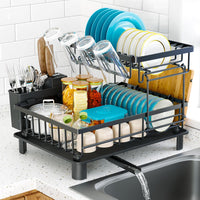 2-Tier Vertical Dish Rack with Auto-Drain & Utensil Holder — No More Clutter