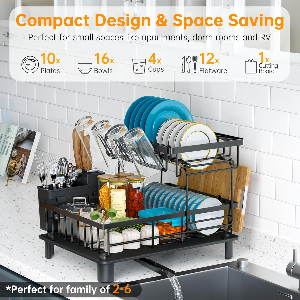 2-Tier Vertical Dish Rack with Auto-Drain & Utensil Holder — No More Clutter