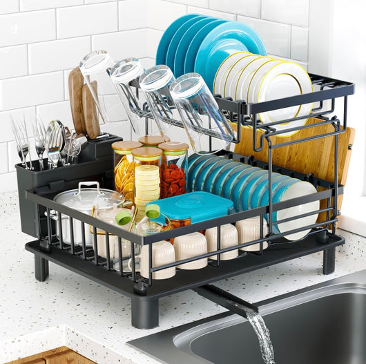Foldable Over Sink Dish Drying Rack｜Pull-Out 2-Tier Dish Drainer with Utensil Holder｜Space Saving Kitchen Organizer for Small Kitchens