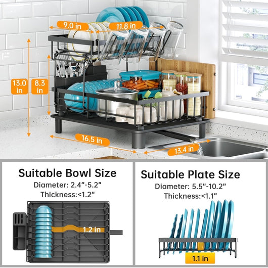 Foldable Over Sink Dish Drying Rack｜Pull-Out 2-Tier Dish Drainer with Utensil Holder｜Space Saving Kitchen Organizer for Small Kitchens
