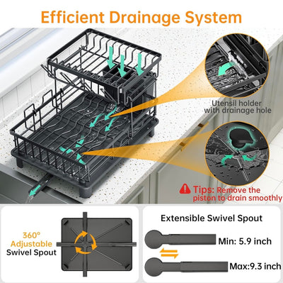 Foldable Over Sink Dish Drying Rack｜Pull-Out 2-Tier Dish Drainer with Utensil Holder｜Space Saving Kitchen Organizer for Small Kitchens