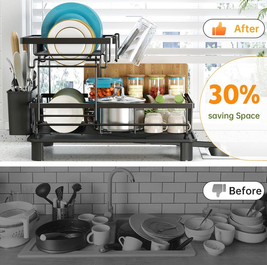 Foldable Over Sink Dish Drying Rack｜Pull-Out 2-Tier Dish Drainer with Utensil Holder｜Space Saving Kitchen Organizer for Small Kitchens