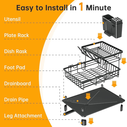 Foldable Over Sink Dish Drying Rack｜Pull-Out 2-Tier Dish Drainer with Utensil Holder｜Space Saving Kitchen Organizer for Small Kitchens