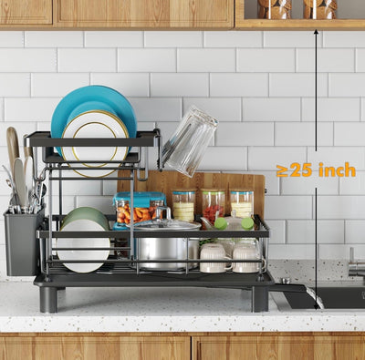 Foldable Over Sink Dish Drying Rack｜Pull-Out 2-Tier Dish Drainer with Utensil Holder｜Space Saving Kitchen Organizer for Small Kitchens