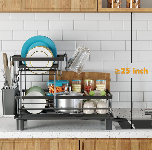 Foldable Over Sink Dish Drying Rack｜Pull-Out 2-Tier Dish Drainer with Utensil Holder｜Space Saving Kitchen Organizer for Small Kitchens